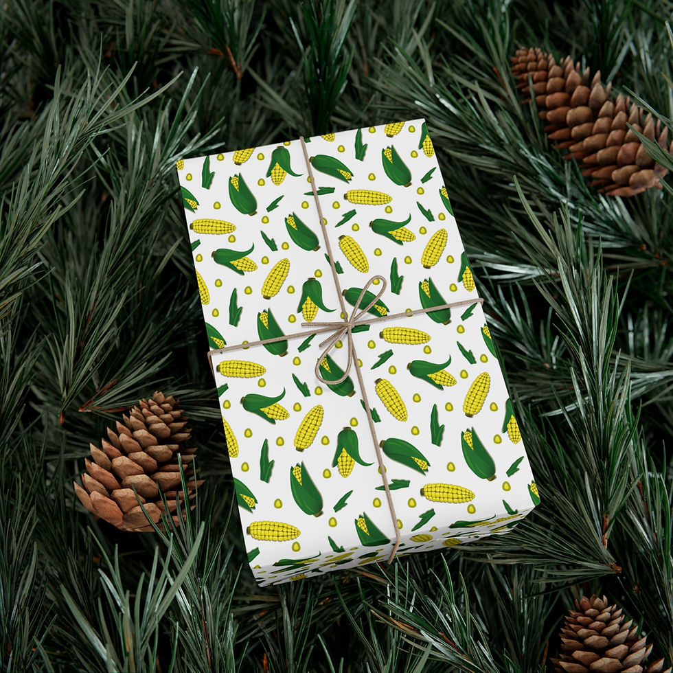 Thumbnail: Wrapped gift with corn pattern, Corn Lover Gift Wrapping Paper on green branches.