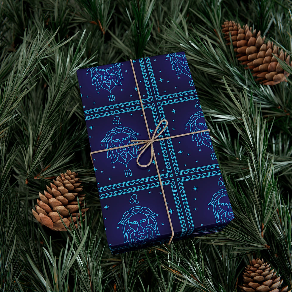 Thumbnail: Gift wrapped in blue paper with zodiac designs. Pine cones and needles surround.
