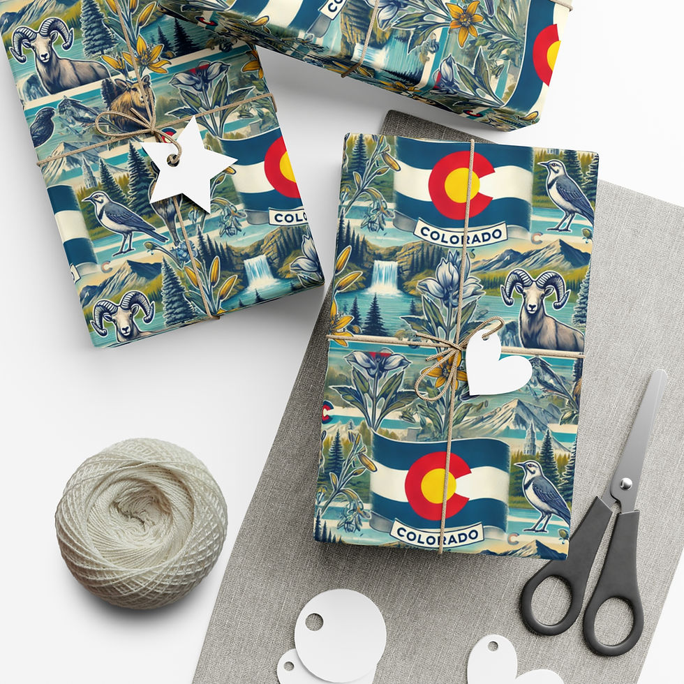 Thumbnail: Wrapped gifts with Colorado flag paper, scissors, tags, and string. Tennessee Gift Wrapping.