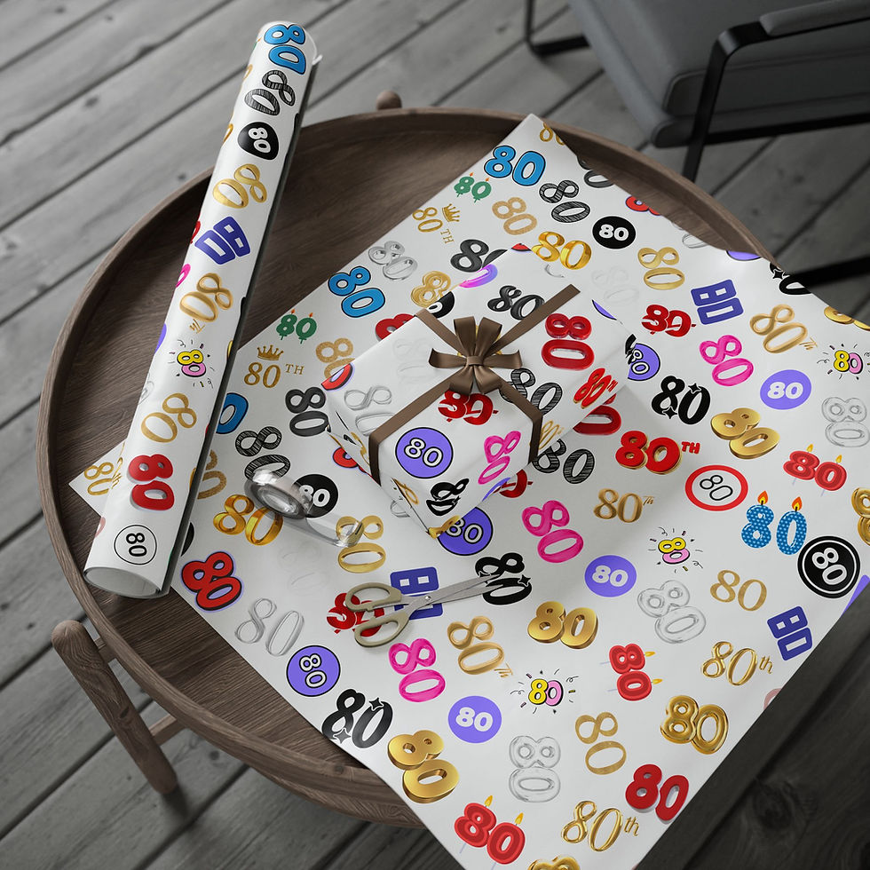 Thumbnail: Gift wrapped in 80th birthday wrapping paper with various 80 designs on it.