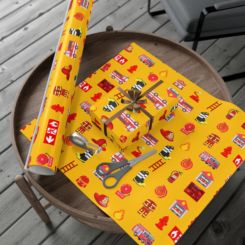 Thumbnail: Firefighter Gift Wrapping Paper | Fire Trucks, Helmets & Emergency Icons Pattern on a wrapped gift.