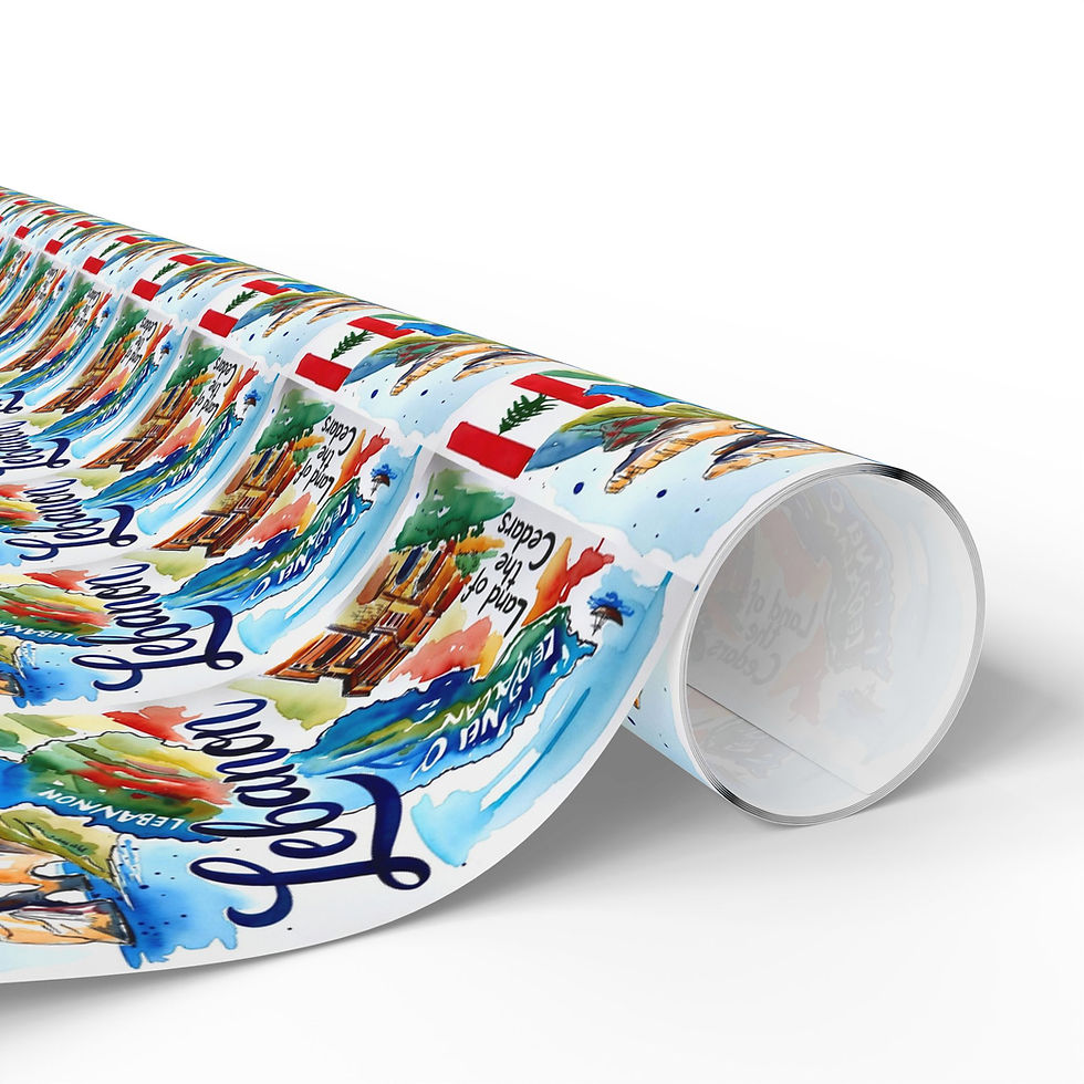 Thumbnail: Roll of gift wrapping paper with "Lebanon" text and colorful illustrations, partially unrolled.