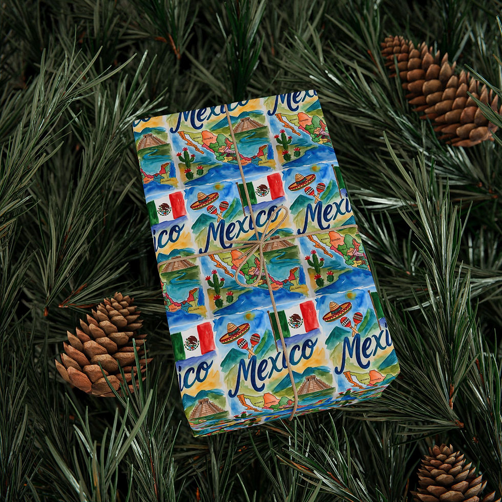 Thumbnail: Gift wrapped in Mexico themed paper on pine needles