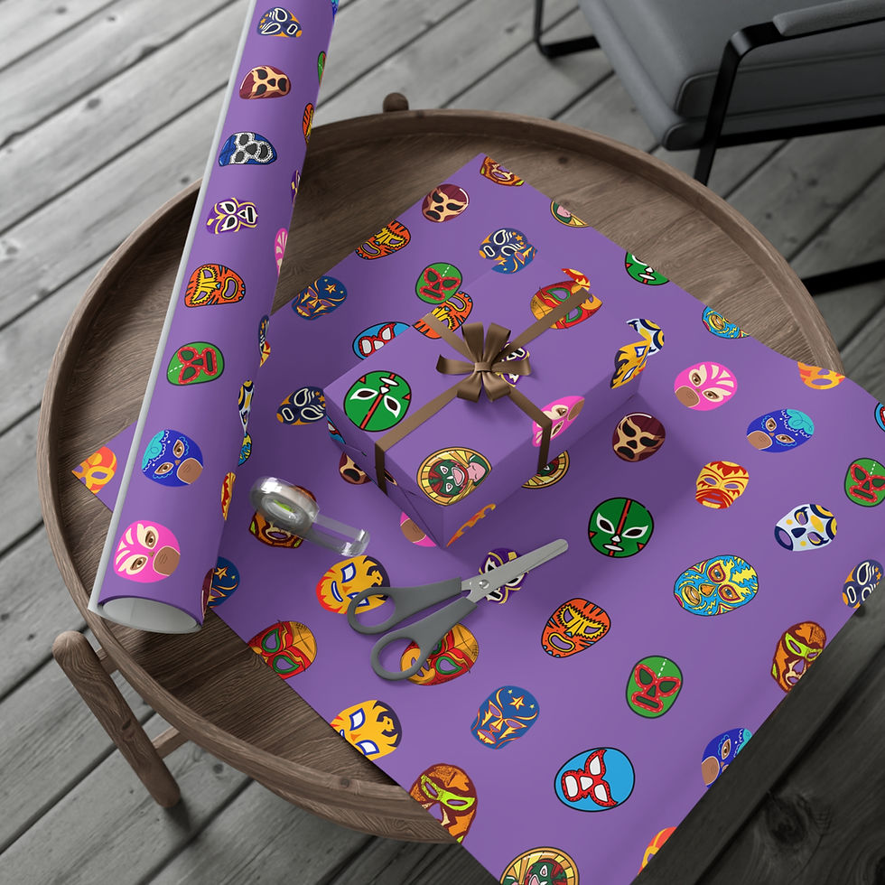 Thumbnail: Purple wrapping paper with colorful Luchador masks, scissors, gift box and bow.