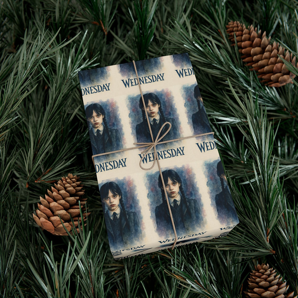 Thumbnail: Wrapped gift with Wednesday Addams on paper, twine tie, festive green background.