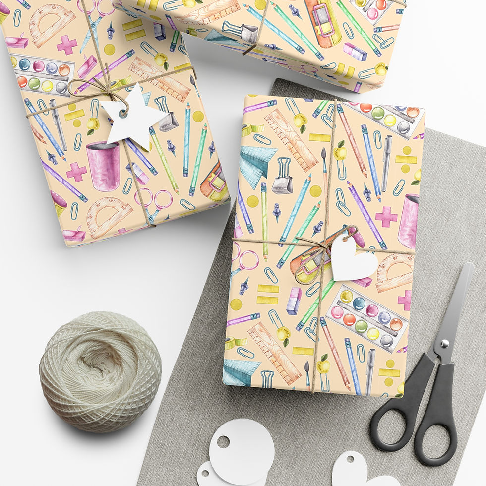Thumbnail: Wrapped gifts with school supplies pattern, scissors and twine, agriculture gift wrap.