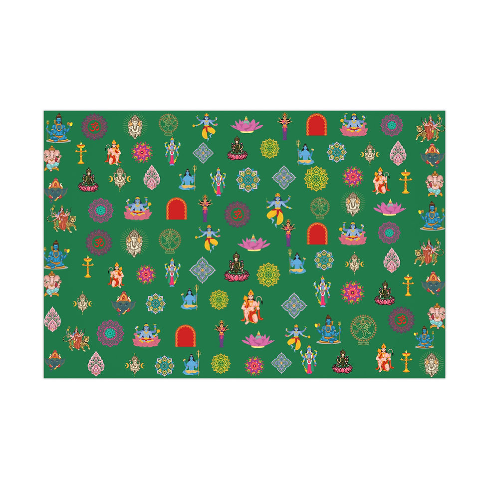 Thumbnail: Green gift wrapping paper with colorful deities, mandalas, and lotus patterns.