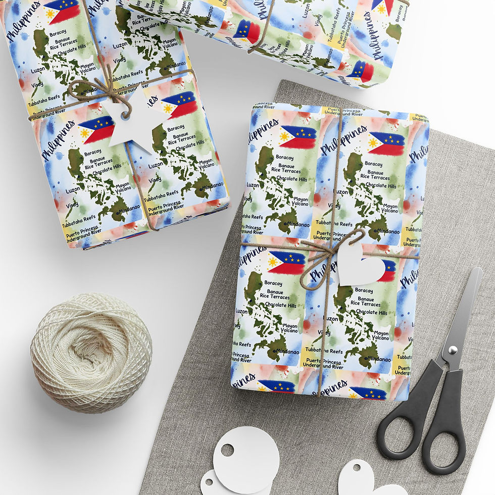 Thumbnail: Philippines map and flag gift wrap, twine, scissors, tags