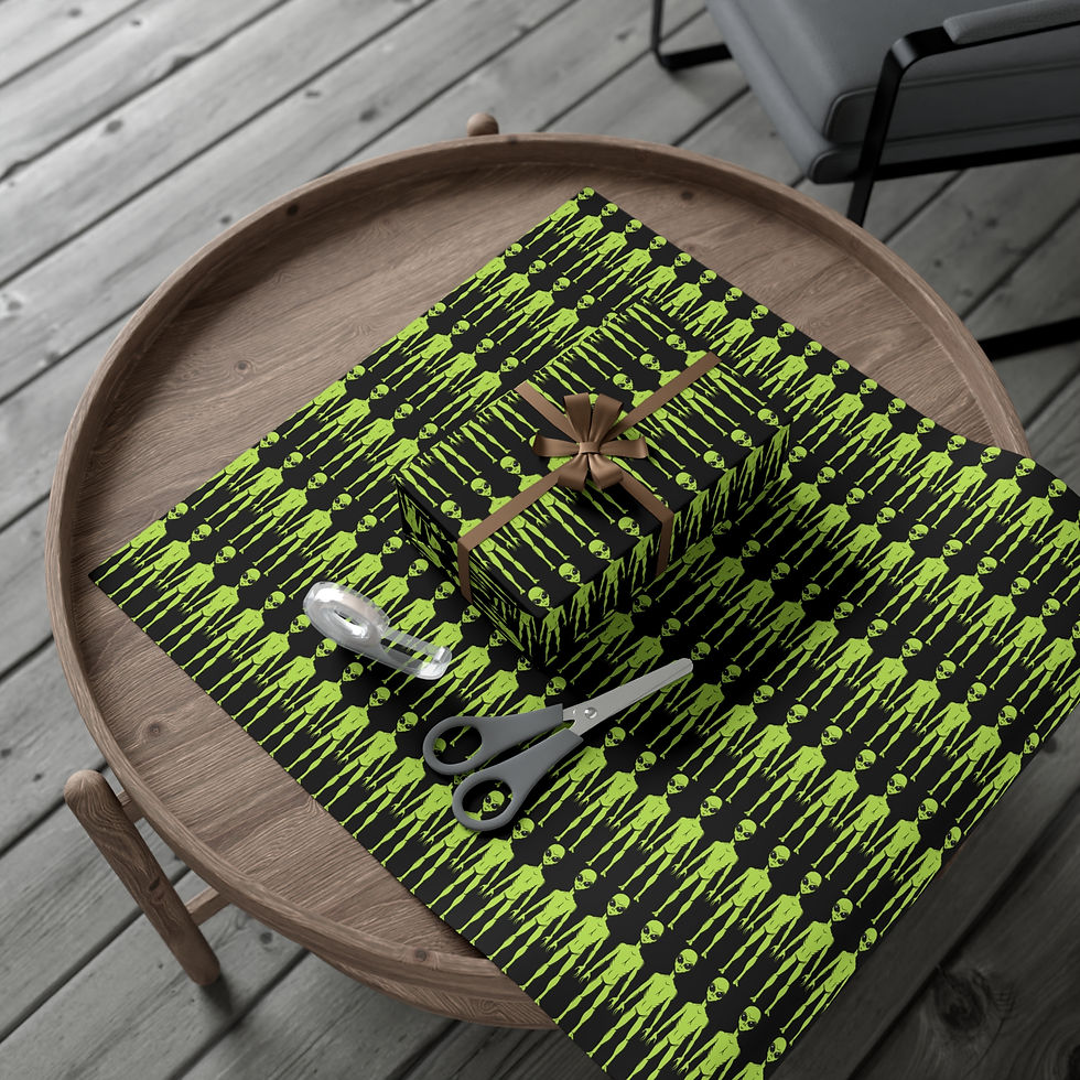 Thumbnail: Gift wrapped, scissors and spoon on Extraterrestrial Alien Gift Wrapping Paper | Neon Green Creature Sci-Fi Pattern