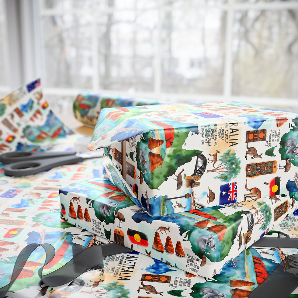 Thumbnail: Wrapped gifts with wrapping paper featuring Australia's landmarks and flag. High Oak Paper