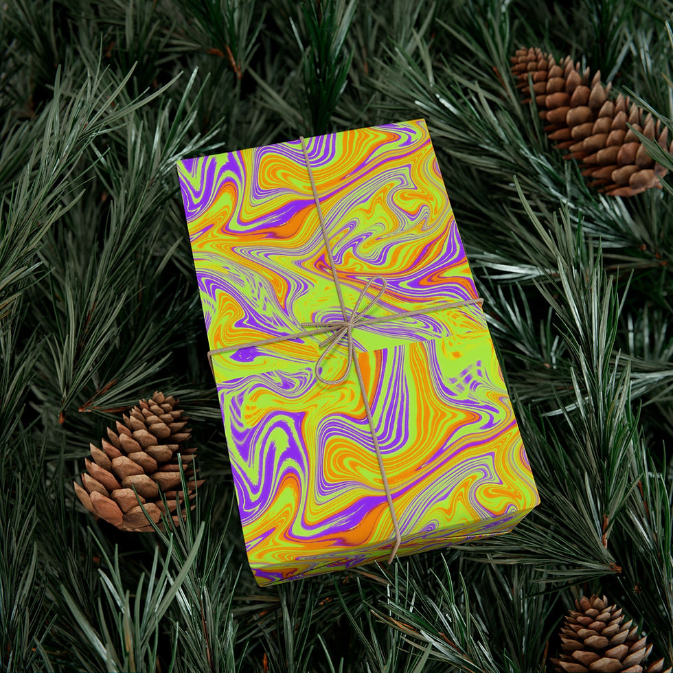Thumbnail: Wrapped gift box with neon psychedelic wrap and pine cones background