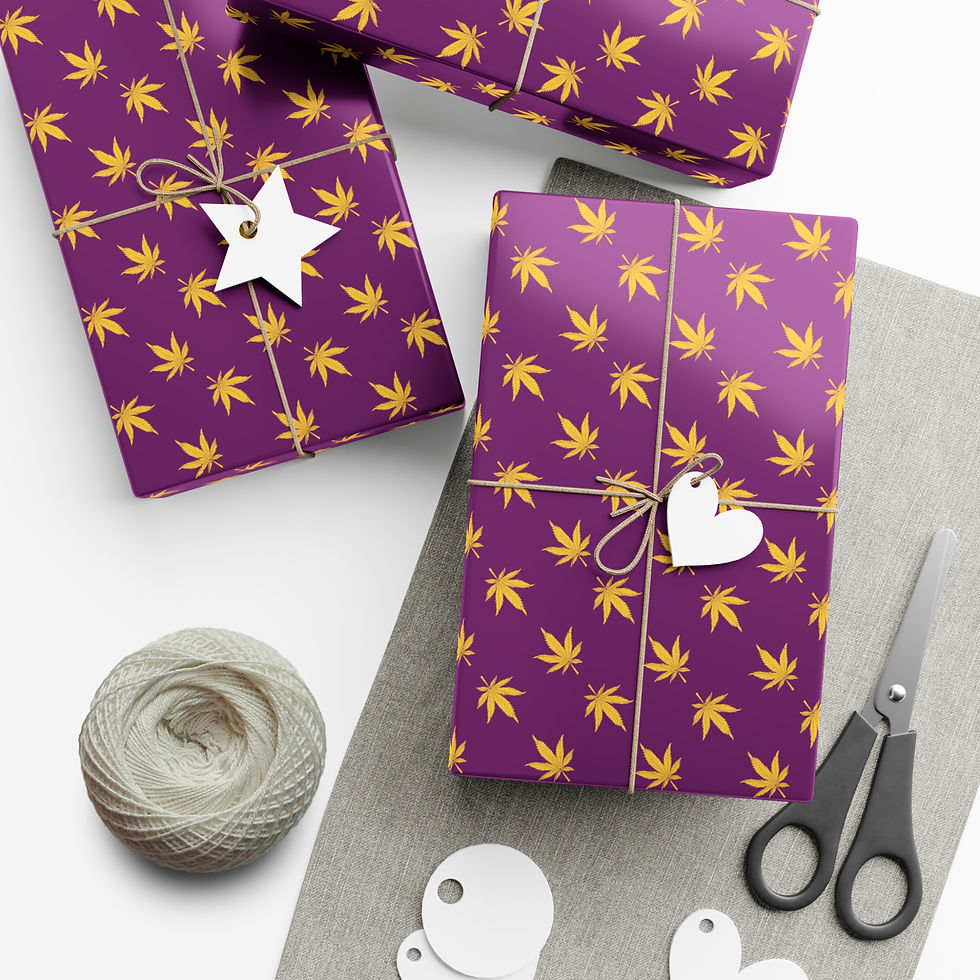 Thumbnail: Wrapped gifts with purple wrapping paper and gold leaves; Texas Gift Wrapping Paper.