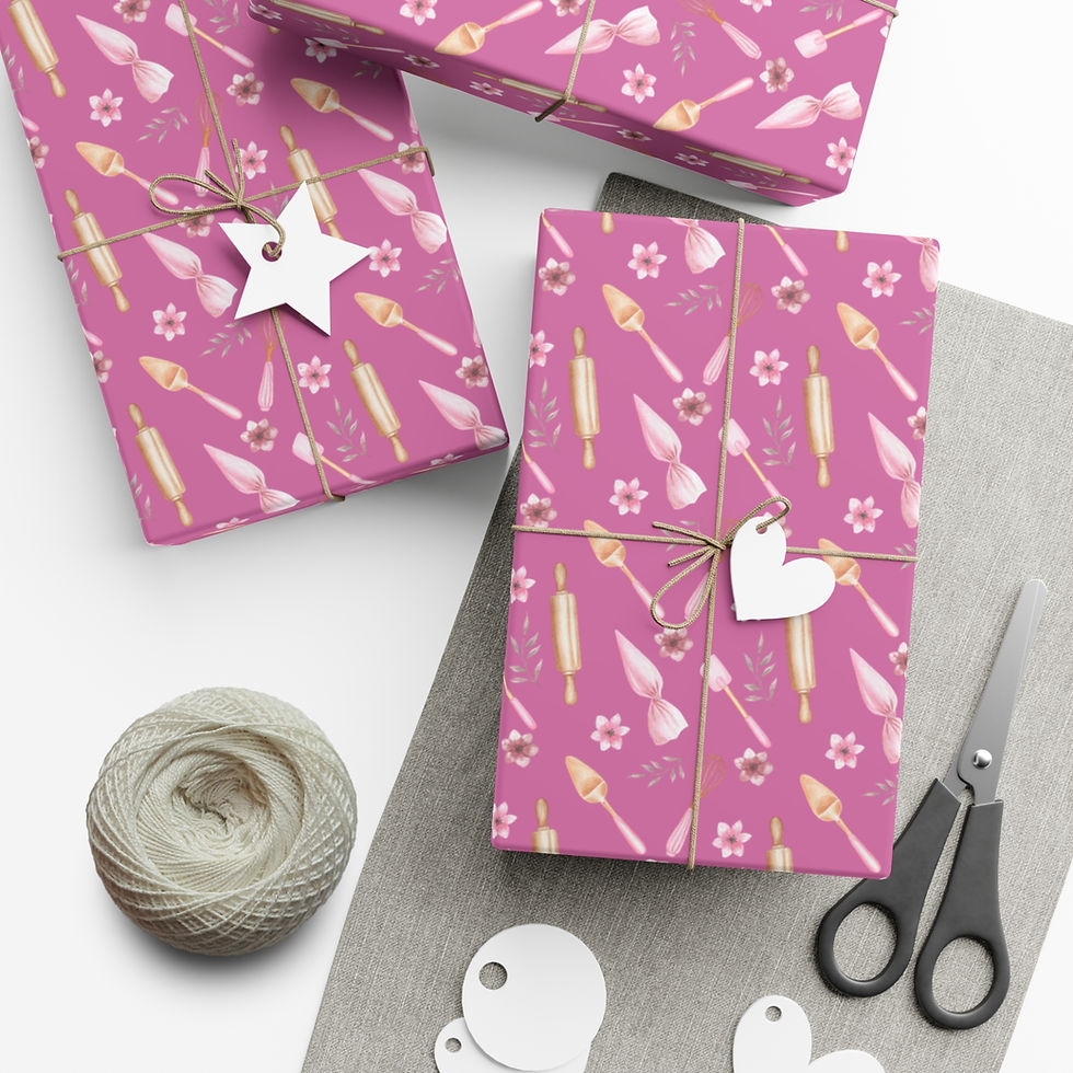 Thumbnail: Wrapped gifts on pink paper, baking tools pattern, twine, scissors, and tags.