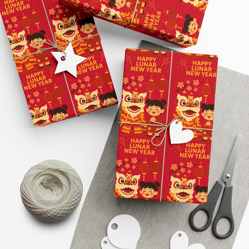 Thumbnail: Wrapped gifts with text Happy Lunar New Year on red paper with festive decorations