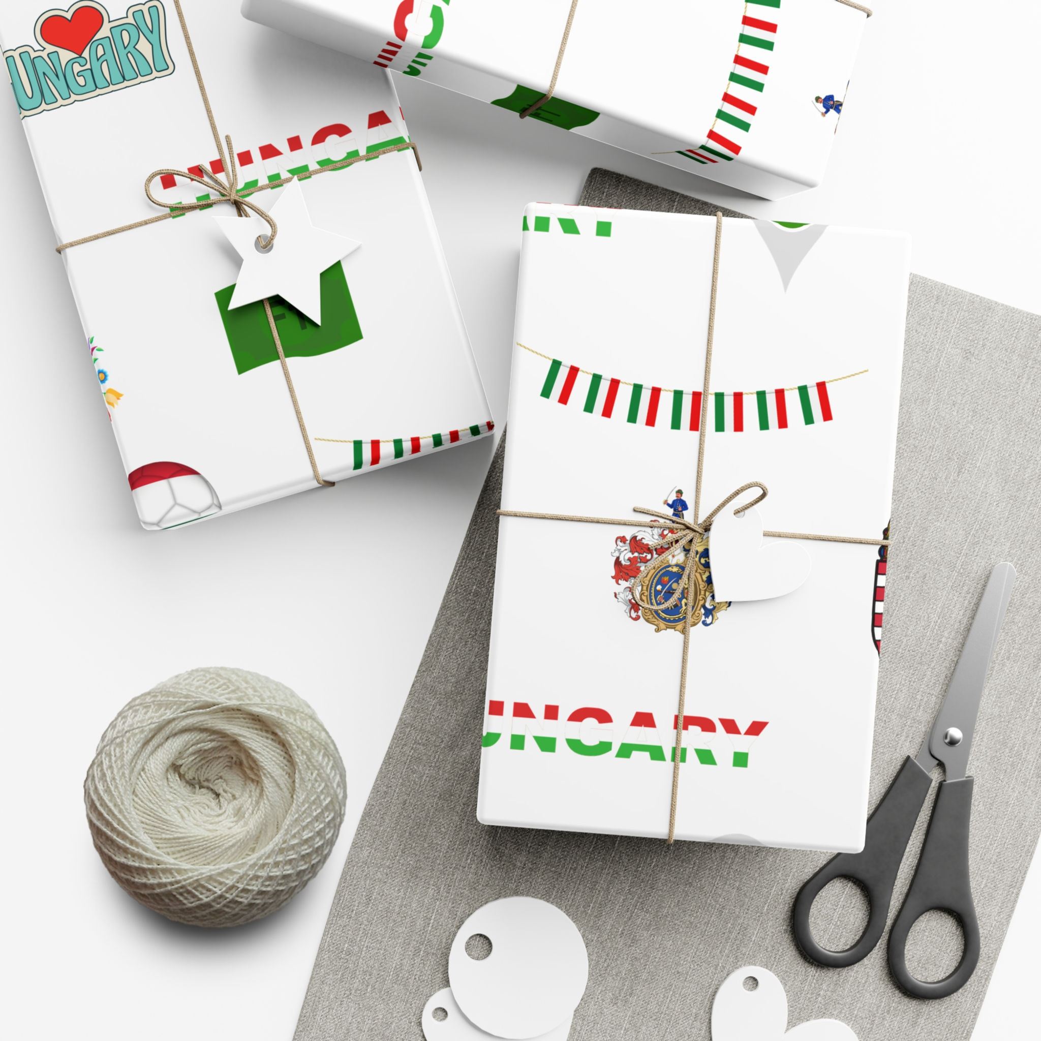 Wrapped gifts with text Hungary and a crown design, Hinduism-Inspired Gift Wrapping Paper.