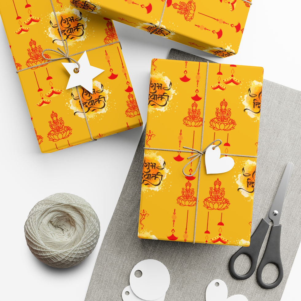 Thumbnail: Wrapped gifts on yellow Diwali gift wrapping paper with decorations and scissors. Diwali Gift Wrapping Paper.