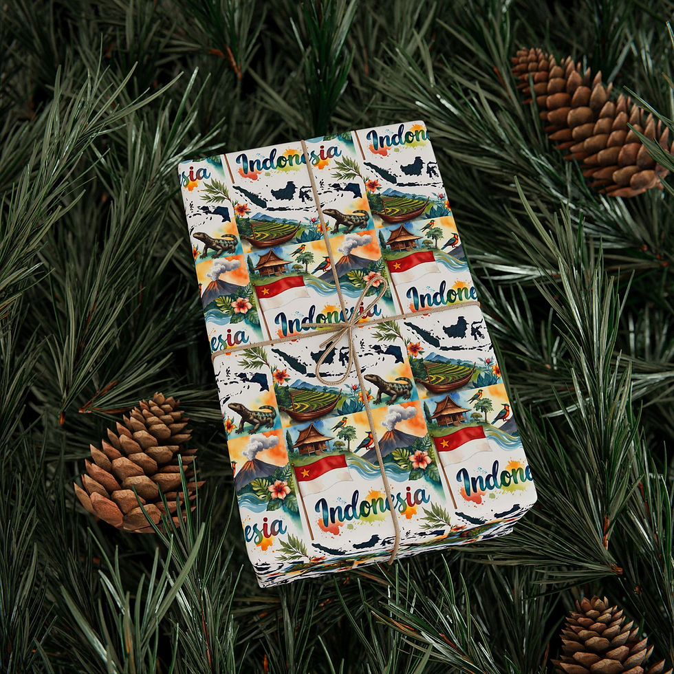 Thumbnail: Wrapped gift with Indonesia design, Indonesia Gift Wrapping Paper | Borobudur Temple, Batik, Wayang Masks, on pine