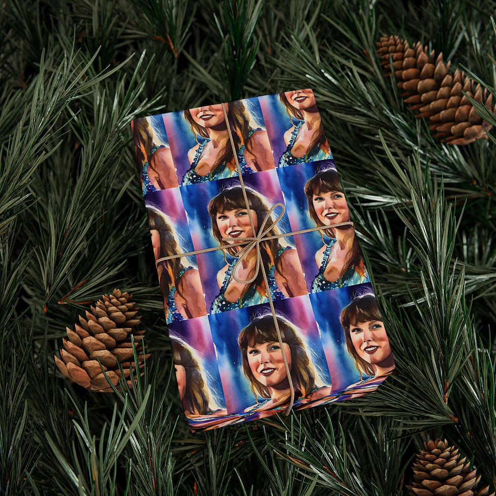 Thumbnail: Gift wrapped Taylor Swift on wrapping paper with pine needles and cones.