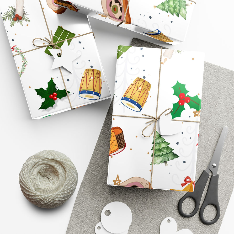 Thumbnail: Wrapped gifts with festive patterns, string, and scissors, Nevada Inspired Gift Wrapping Paper.