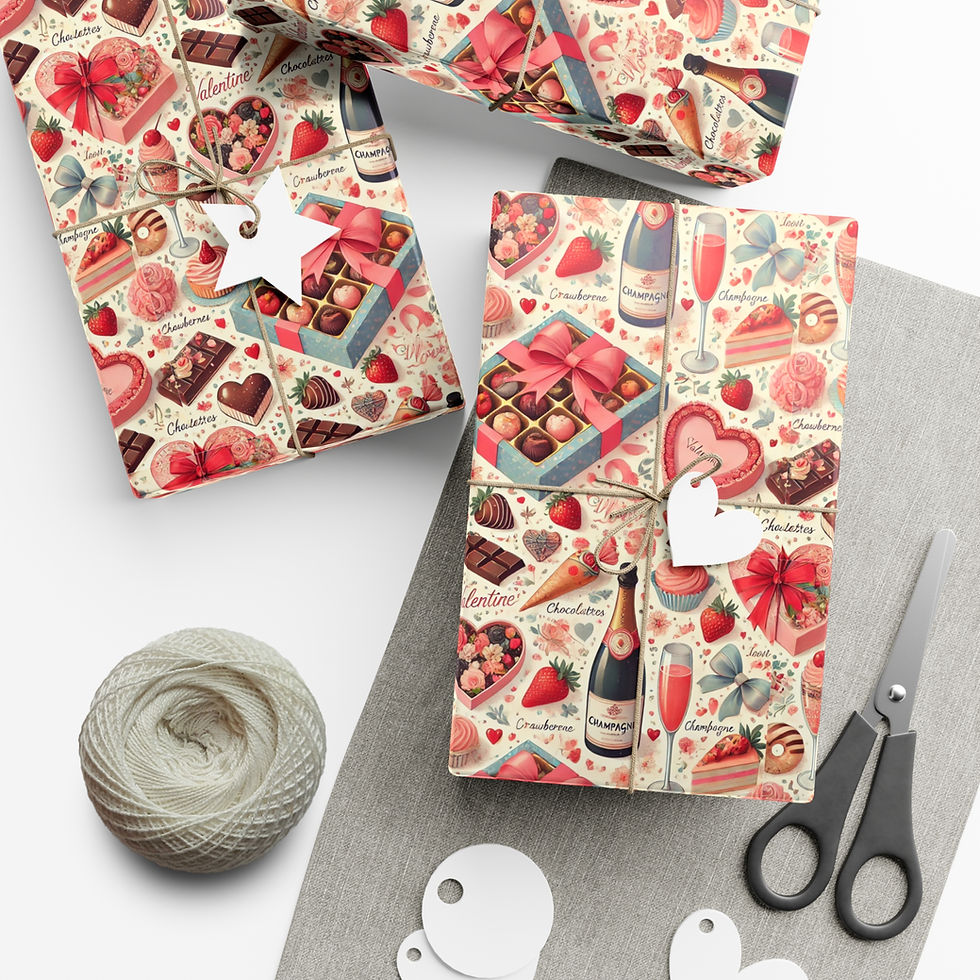 Thumbnail: Wrapped gifts with Valentine's Day paper, string, scissors, and tags. Ohio Inspired Gift Wrapping Paper