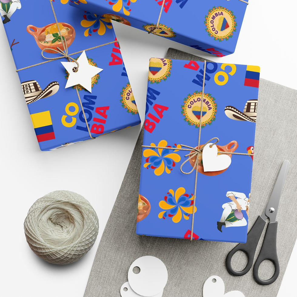 Thumbnail: Wrapped gifts with Colombia pattern, twine, scissors, and Colombia logo Nevada Inspired Gift Wrapping Paper