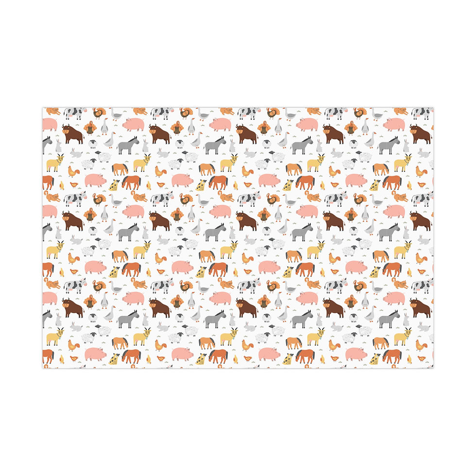 Thumbnail: White wrapping paper with cows, pigs, goats, and chickens. Farm Animals Gift Wrapping Paper.