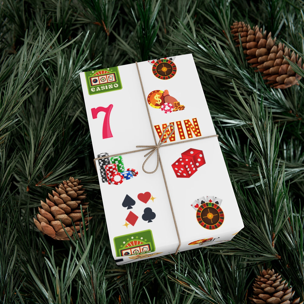 Thumbnail: Gift wrapped in festive casino-themed paper, dice and chips. Elf on the Shelf Gift Wrap