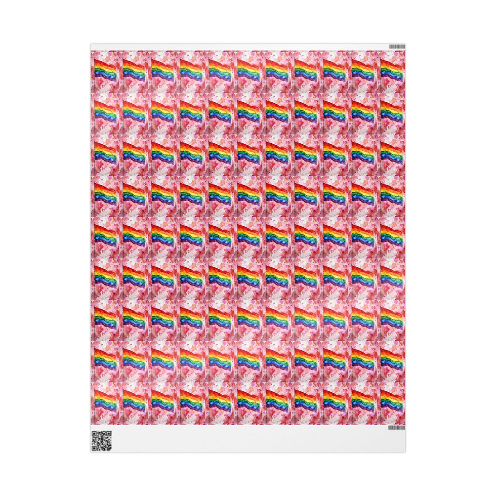 Thumbnail: Wrapping paper with a repeating pattern of rainbow flags on pink background.