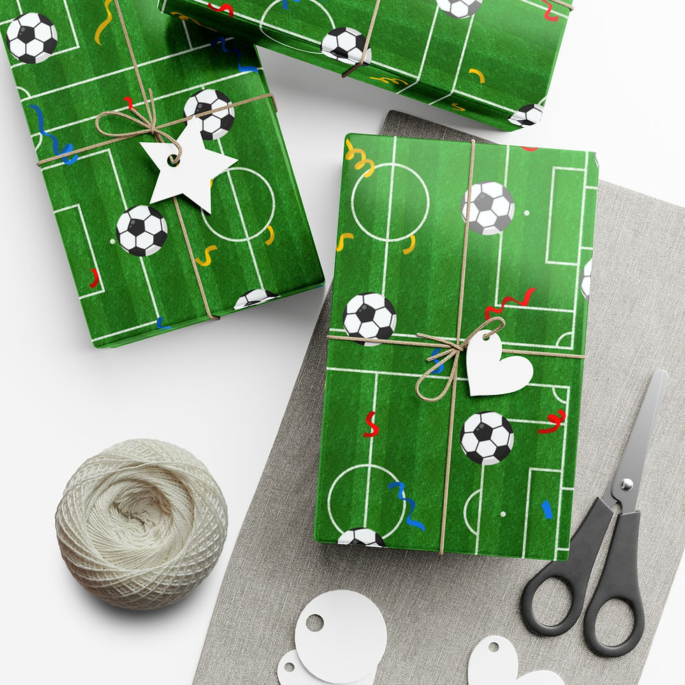 Thumbnail: Wrapped gifts on soccer field wrapping paper with scissors and twine for presents