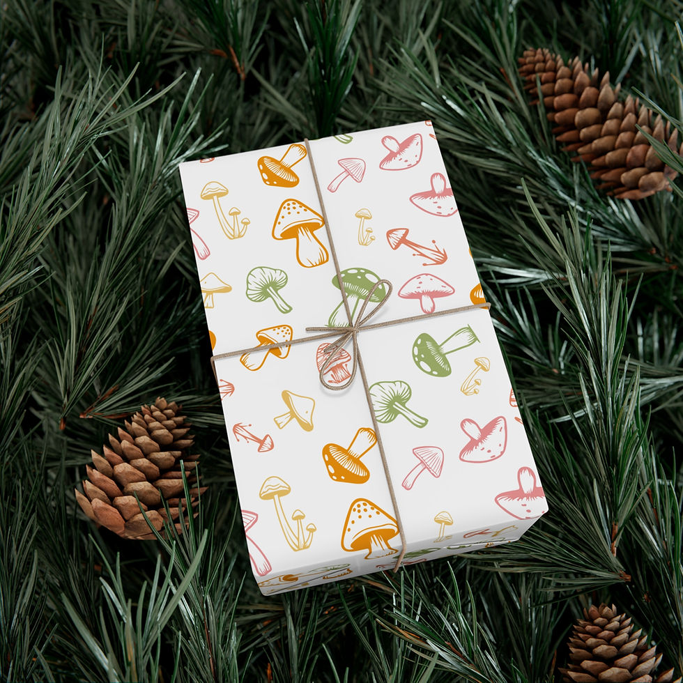 Thumbnail: Gift wrapped with mushroom gift paper, tied with twine and pine cones on branches.