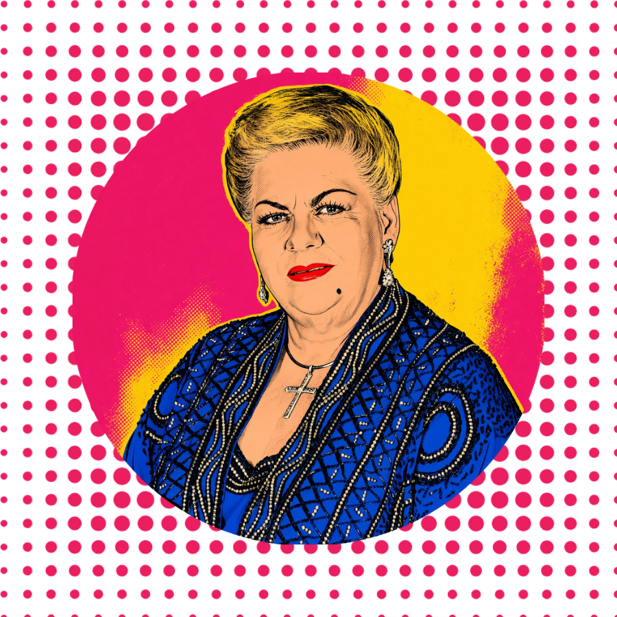 Pop art glass ornament of Paquita la del Barrio in a blue sequined top
