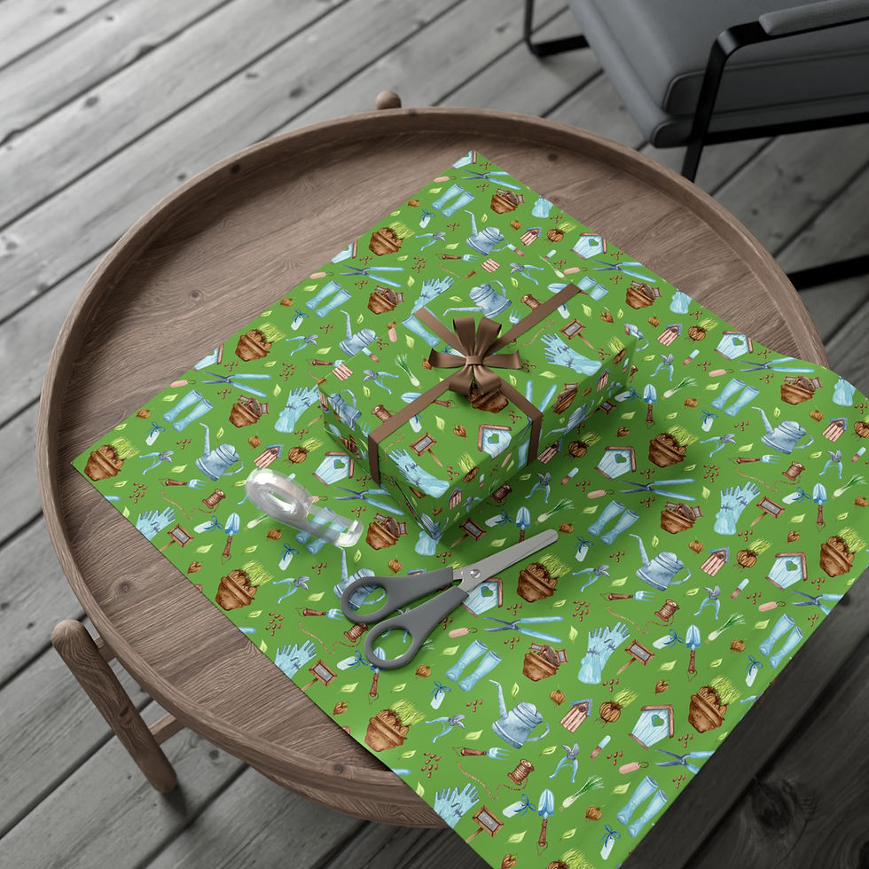 Thumbnail: Gift-wrapped present on the Garden & Farm Life gift wrap with scissors. Agriculture Faculty gift.