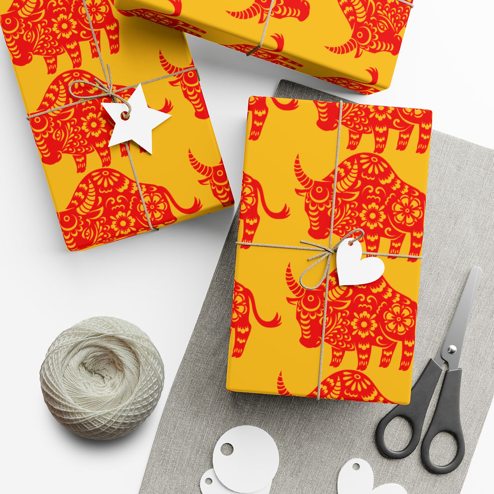 Thumbnail: Wrapped gifts with yellow and red ox pattern, string, scissors, and tags. Pizza Lover Gift Wrapping Paper