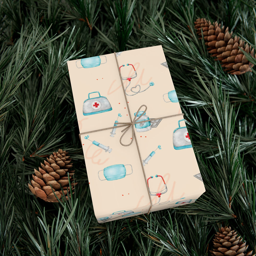 Thumbnail: Wrapped gift with medical icons on wrapping paper among pine needles and cones.