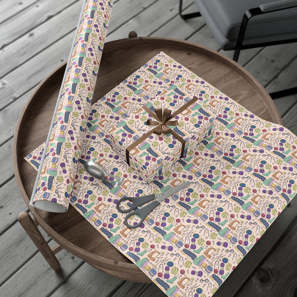 Thumbnail: Gift wrapped present on table with scissors and patterned wrapping paper.