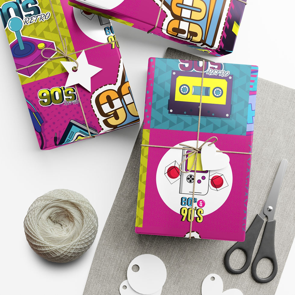 Thumbnail: Wrapped gifts with 90's aesthetic, white tags, and scissors on the side.