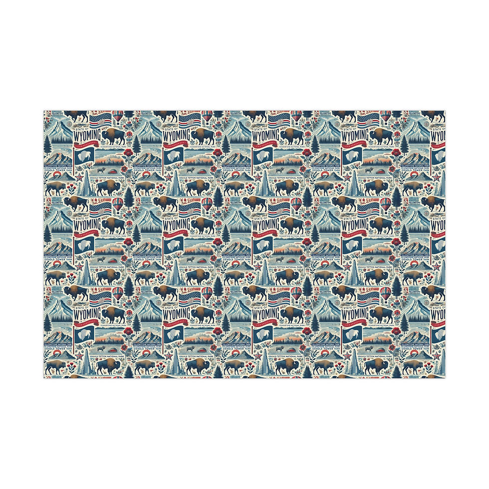 Thumbnail: Patterned wrapping paper with bison, trees, and landmarks illustrations for gifts.