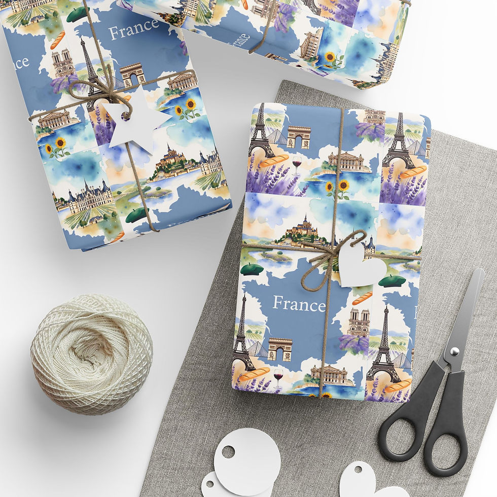 Wrapped gifts with France map design and twine. Finland Gift Wrapping Paper. Scissors and tags.