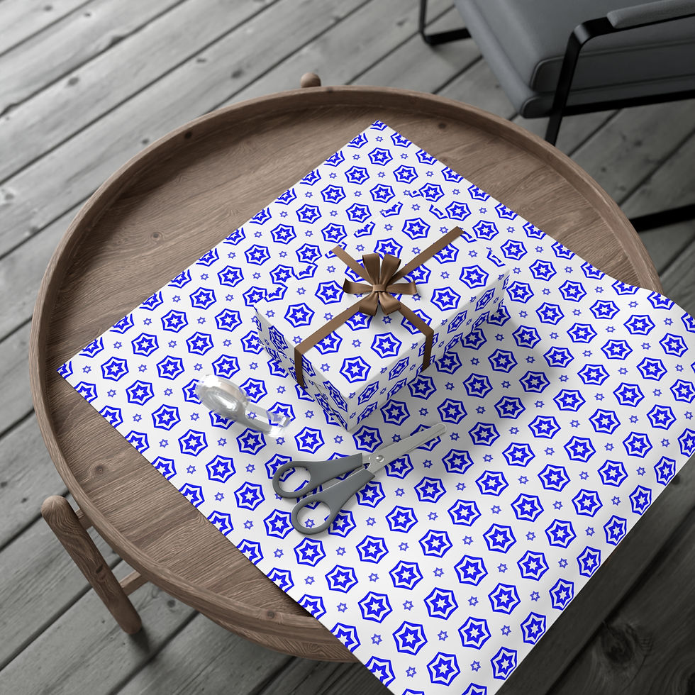 Thumbnail: Gift wrapped box on patterned paper with scissors; Michigan Gift Wrapping Paper.
