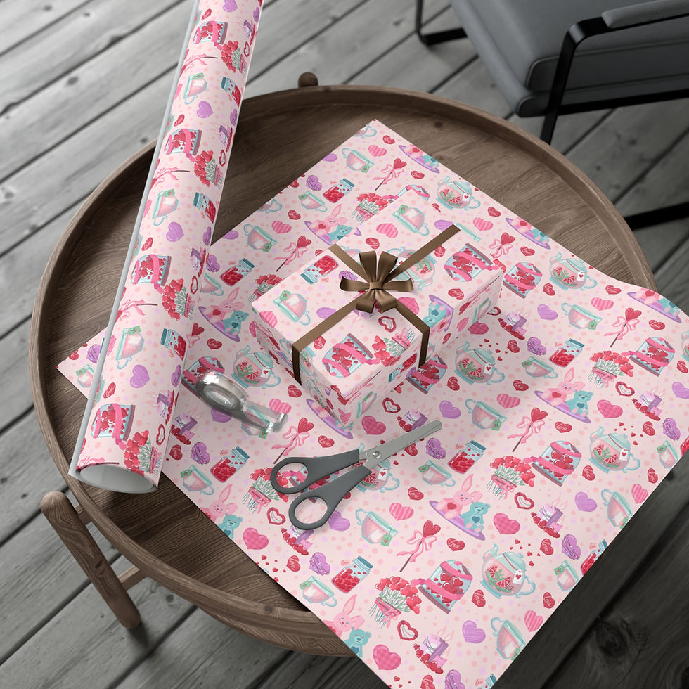 Thumbnail: Gift wrapped, pink patterned paper near scissors and a roll. Ohio Inspired Gift Wrapping Paper.