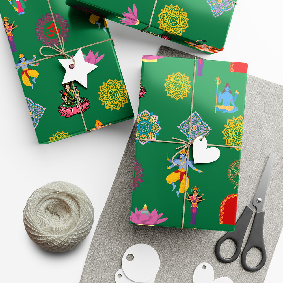 Thumbnail: Wrapped gifts with Hinduism-Inspired Gift Wrapping Paper | Colorful Deities, Mandalas and Lotus, twine, scissors.