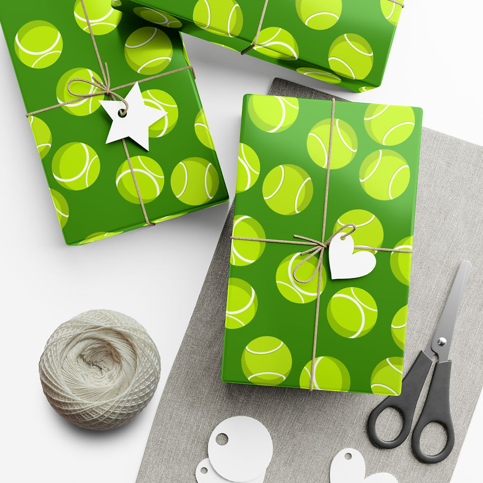 Thumbnail: Wrapped gifts with tennis ball pattern, string, scissors, and tags. Colorful Art Supplies Gift.