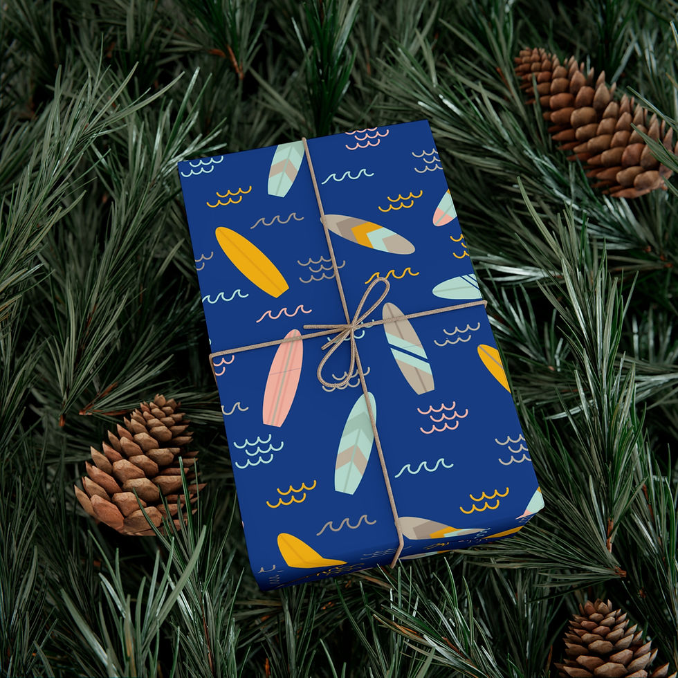 Thumbnail: Wrapped gift, blue paper with surfboards, Surfboard Gift Wrapping Paper | Colorful Coastal Surfboards.