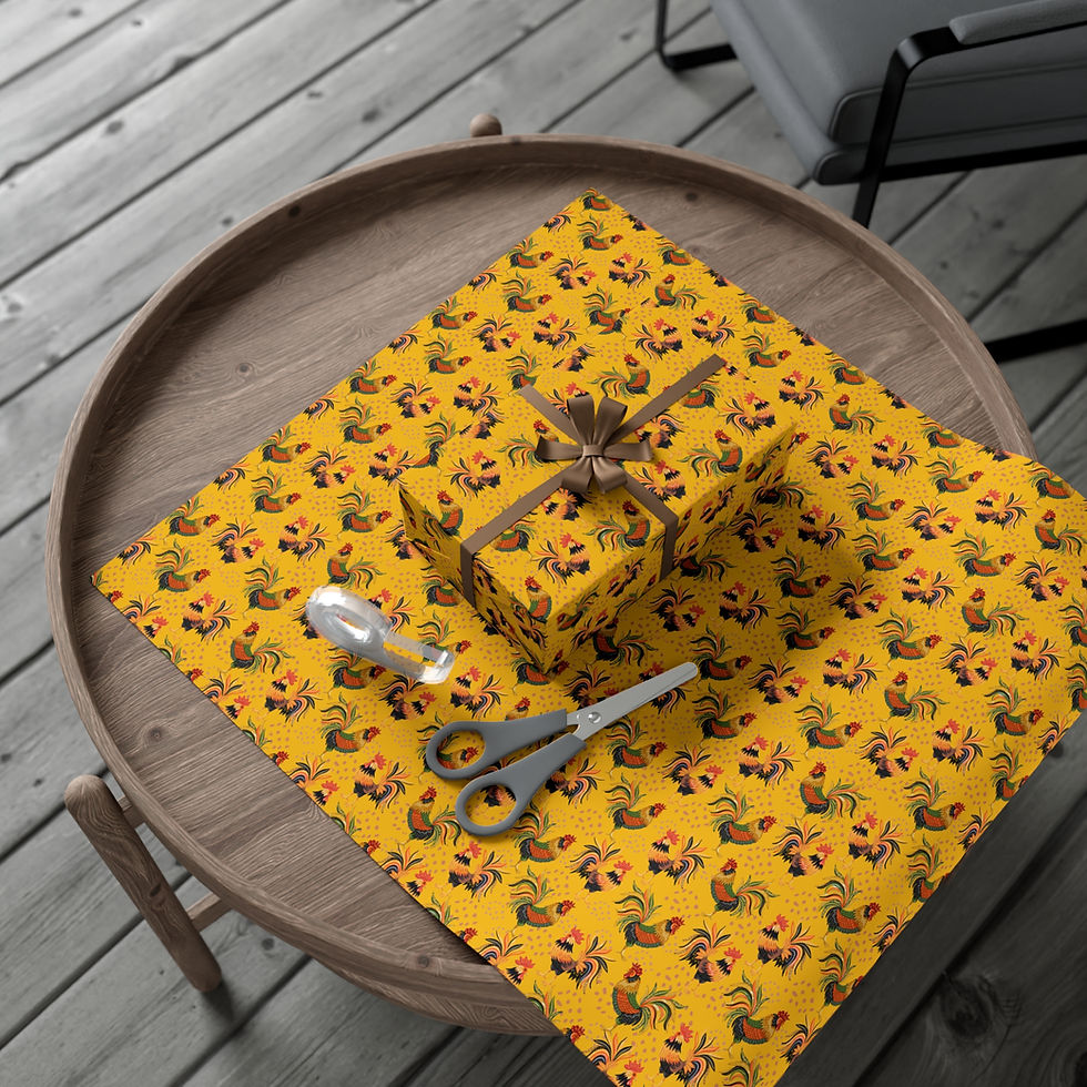 Thumbnail: Gift wrapped and scissors on yellow Bold Rooster Gift Wrapping Paper, table setting.