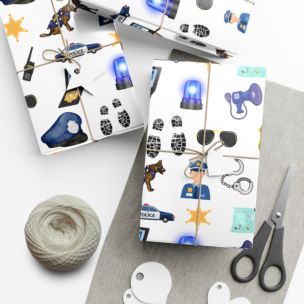 Thumbnail: Wrapped gifts with police-themed wrapping paper and visible text. Teal Cheerleader Gift Wrapping Paper