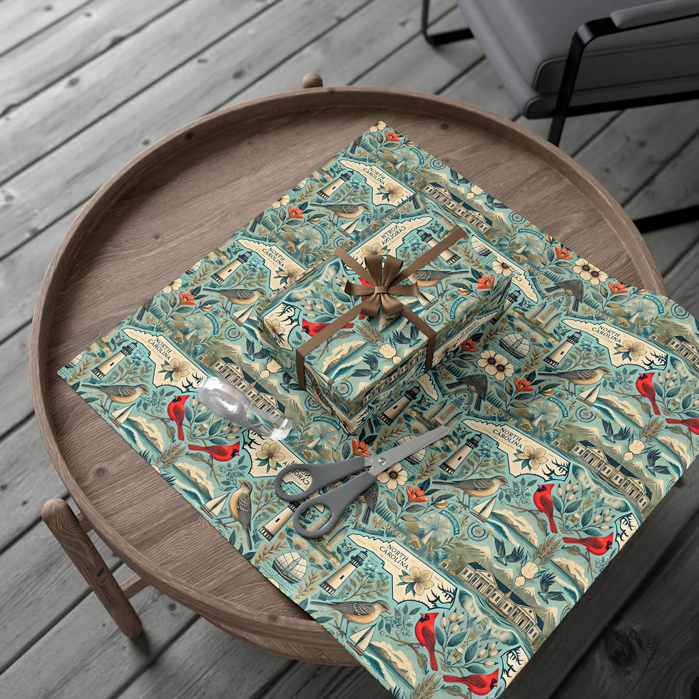 Thumbnail: Gift wrapped, scissors and card on Michigan Inspired Gift Wrapping Paper, table setting.