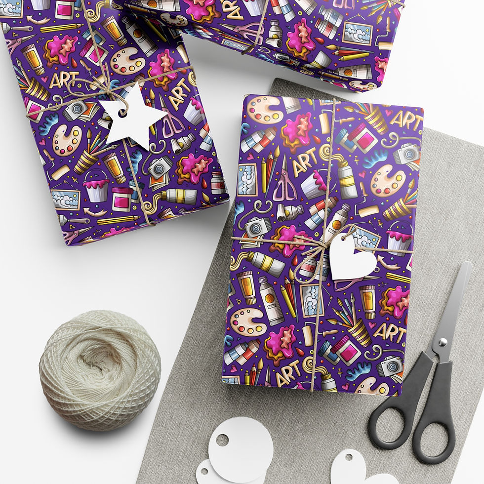 Thumbnail: Wrapped gifts on purple art supplies patterned paper with scissors and tags.