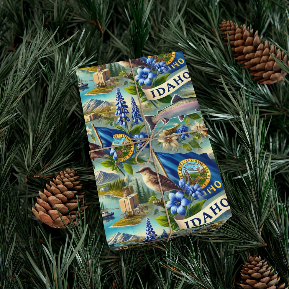 Thumbnail: Idaho gift wrapping paper with state symbols and flag, pine cones background.