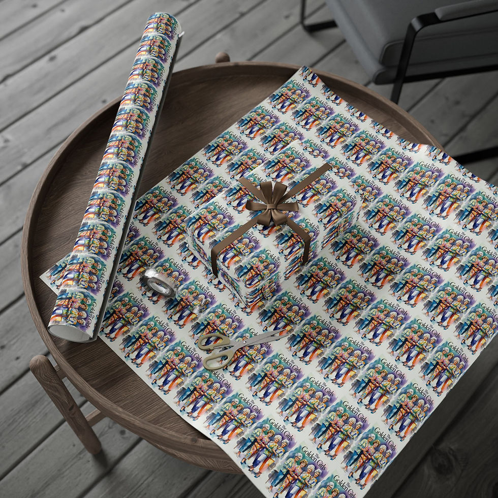 Thumbnail: Gift wrap featuring colorful Golden Girls characters ready for presents on table.