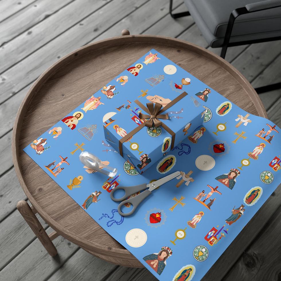 Thumbnail: Gift wrapped with Christian Fish Symbol Gift Wrapping Paper | Blue Ichthys Design on the table.